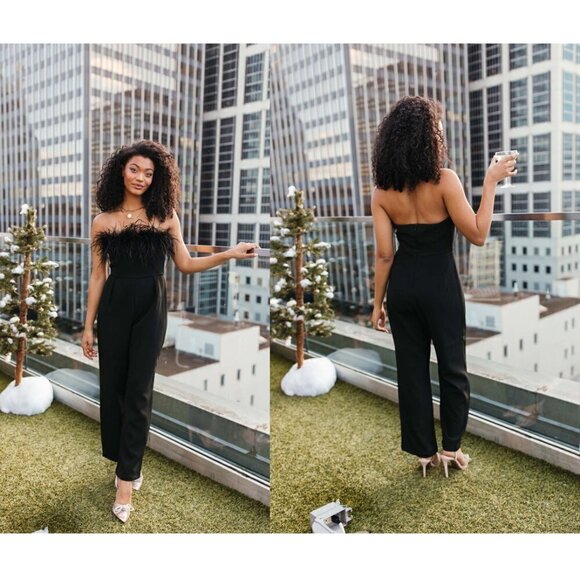 SAM EDELMAN Feather Trim Strapless Jumpsuit in Black Size US 0 - Picture 2 of 10